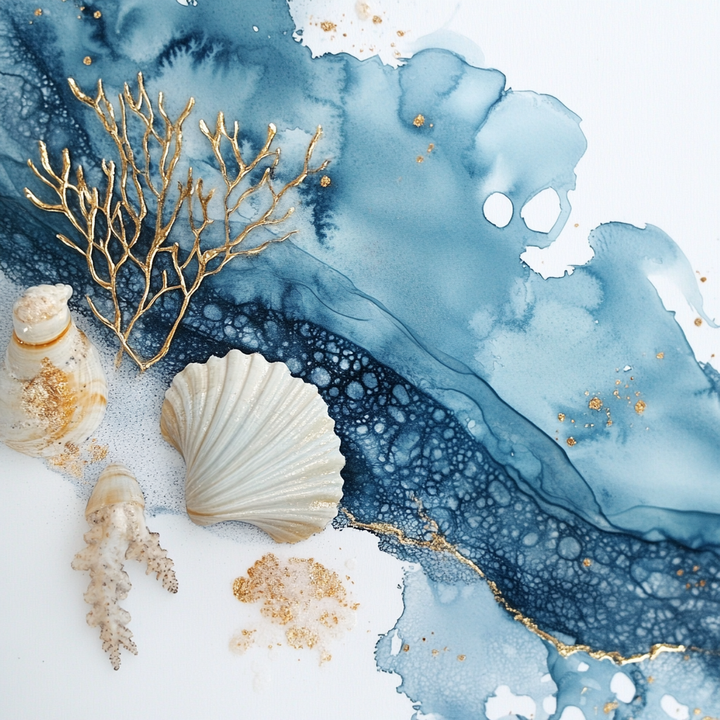 Underwater treasures in soft blue watercolor sketch