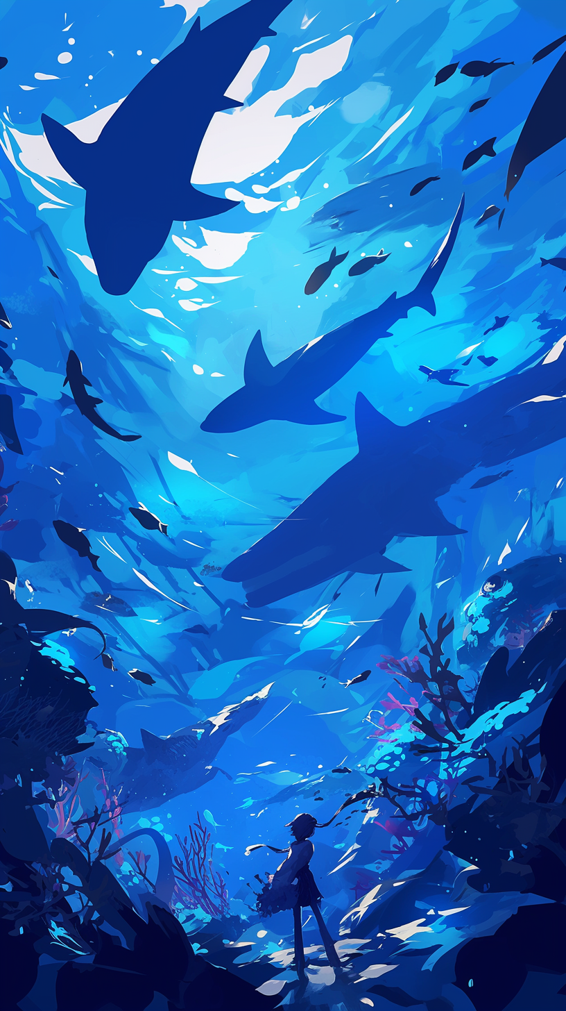 Underwater world with fishes and sharks in blues