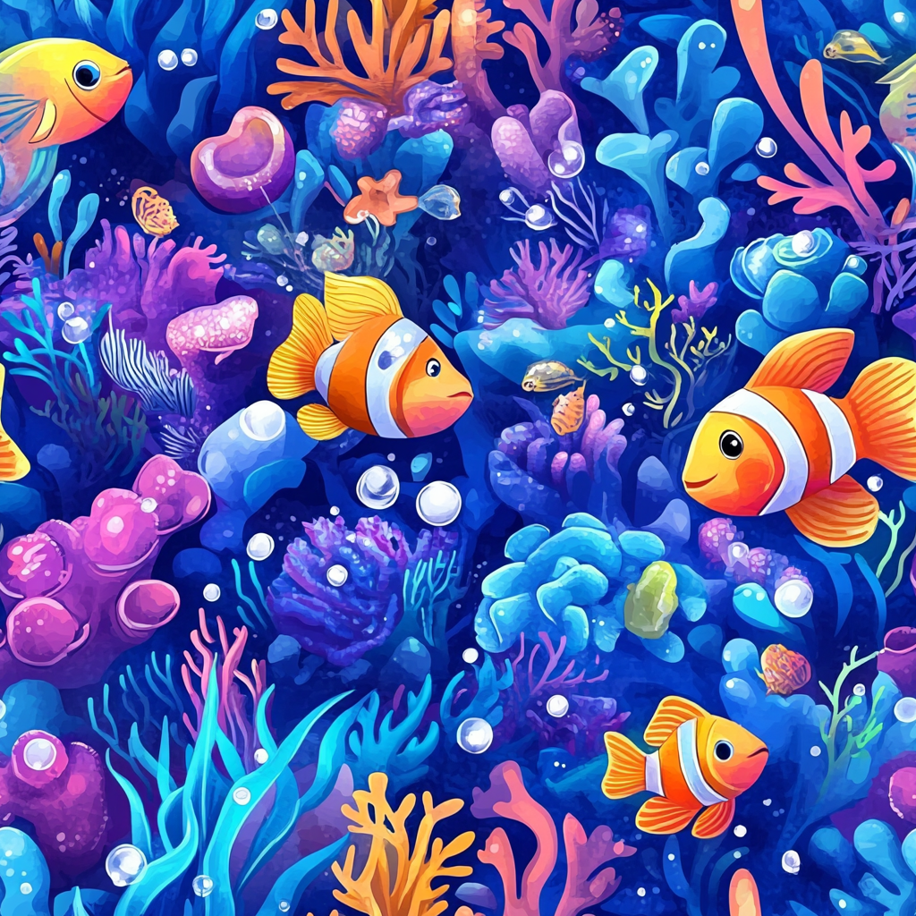 Underwater world with oceanic shades in seamless colorful patterns.