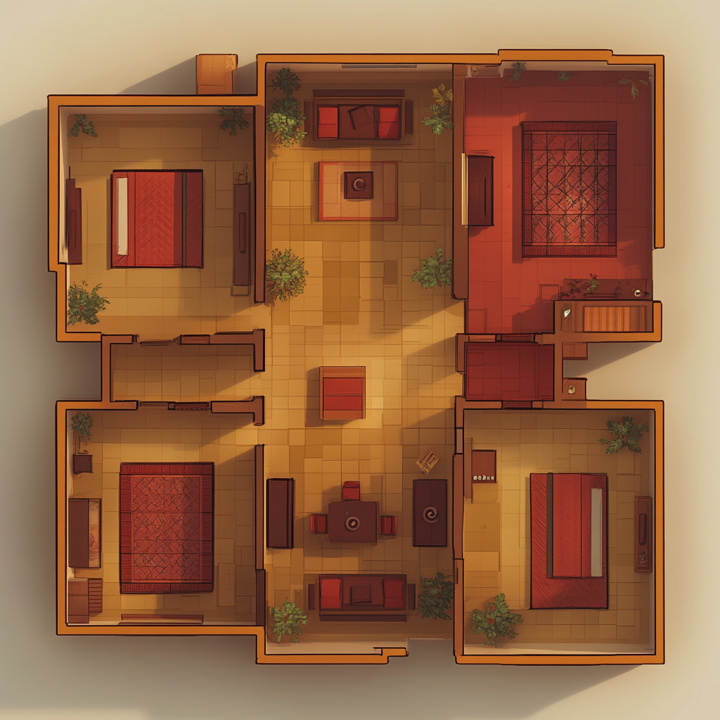 Unique Topdown Map Layout Design: 5 Rooms, 1 Hallway