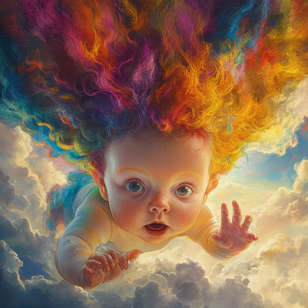 Unique angelic baby with colorful hair and frightening pose.