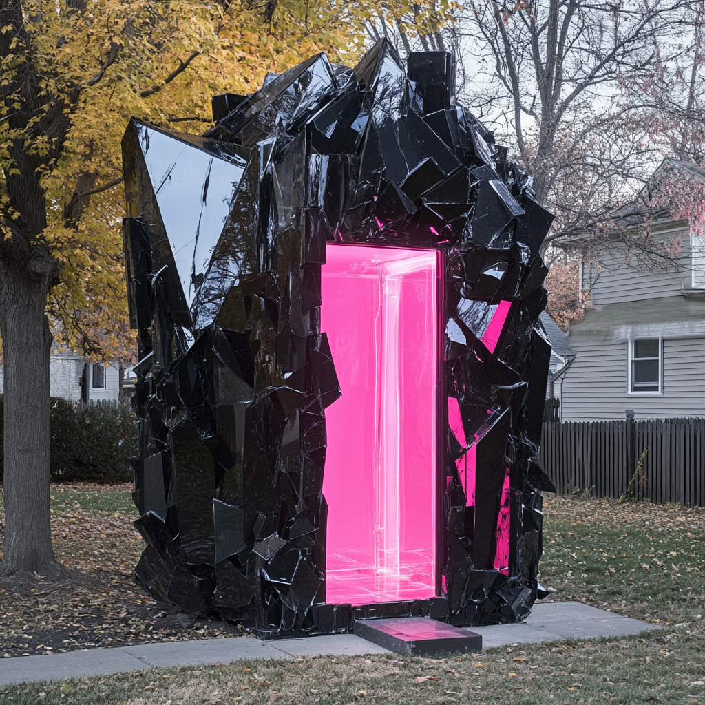 Unique black glass house in neighborhood, neon pink light.