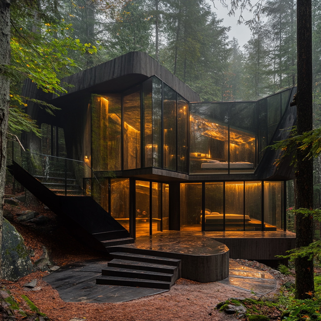 Unique forest cabin with fog, split level, courtyard