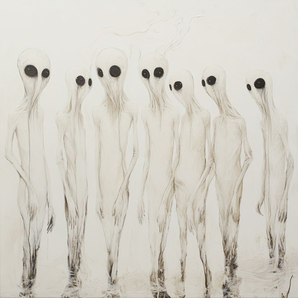 Unique white oil painting of boneless beings with milky colors.