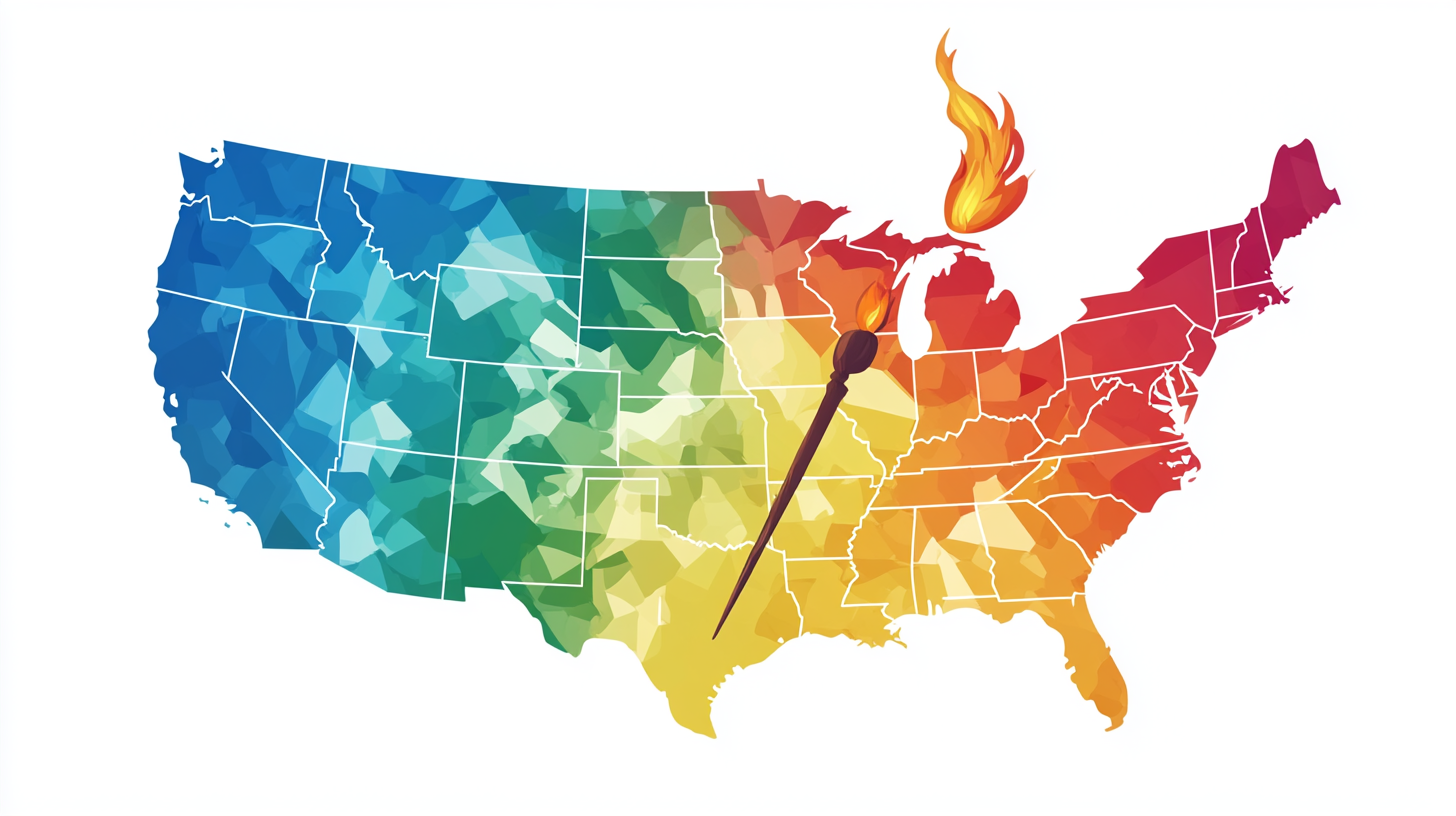 United States Flag Map with Olympic Torch