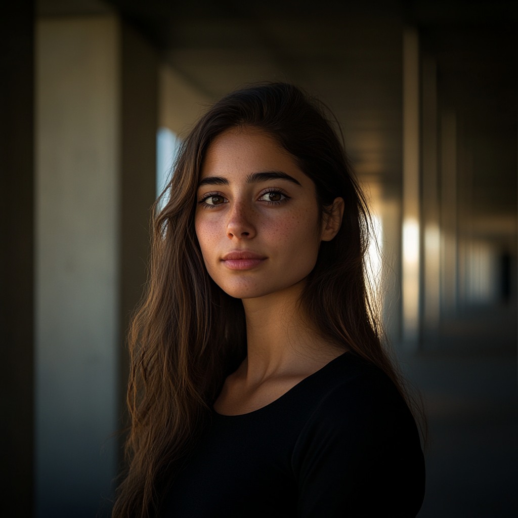 University Woman in Dramatic Campus Photoshoot Portrait