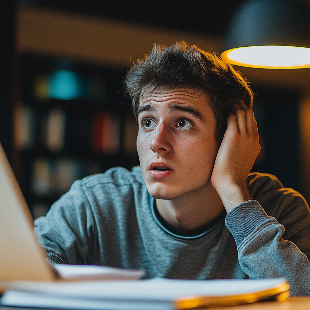 University student studying for exam looks dramatically surprised.