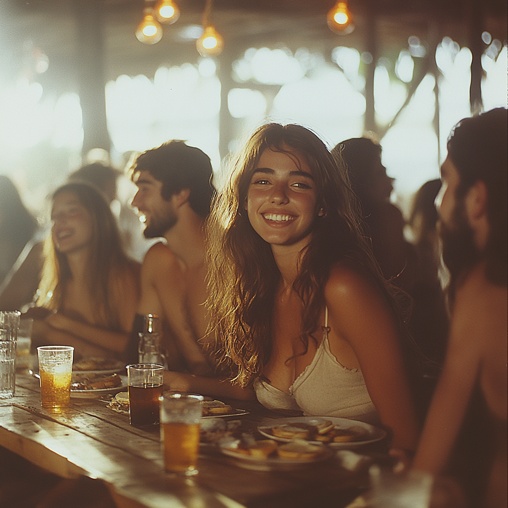 University students play truth or dare at table, laughing