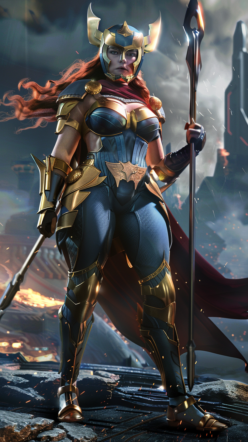 Unmasked Big Barda in blue and gold armor.