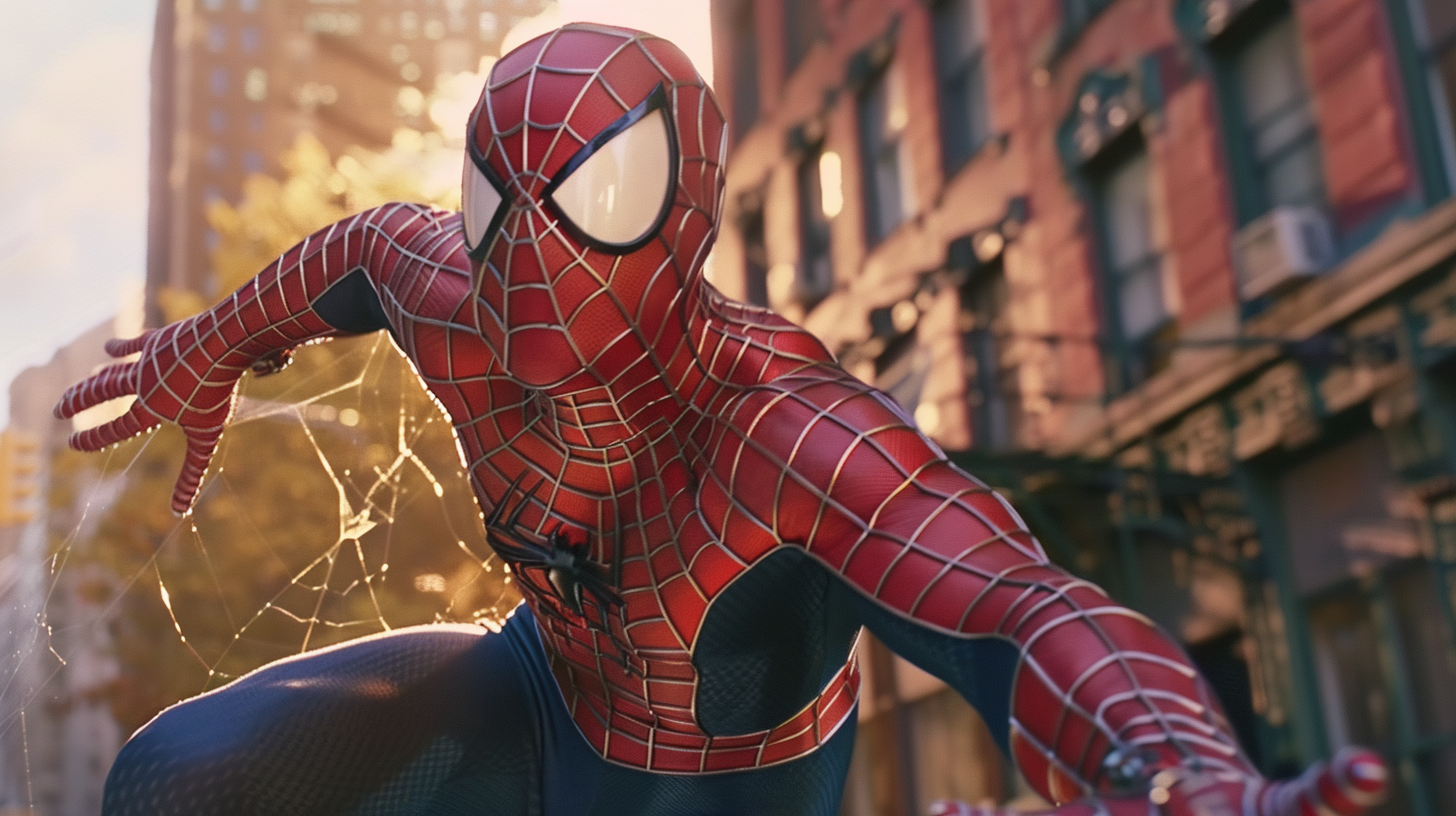 Unmasked Spiderman swinging through city streets, suit rippling. Lighting, action.