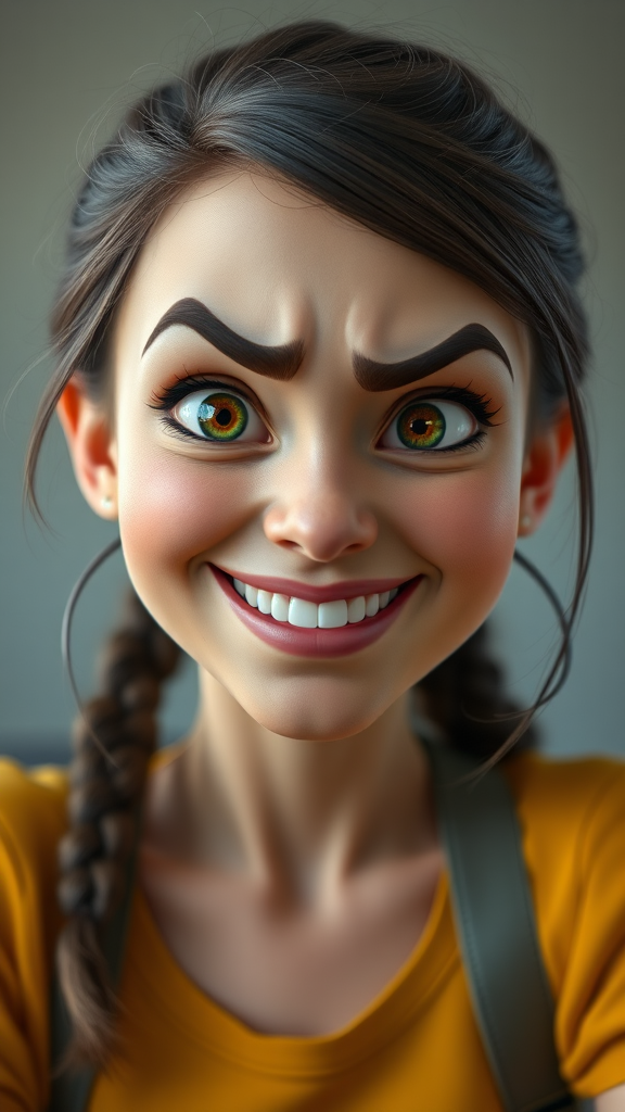 Unreal yet charming caricature of young woman, Pixar style.