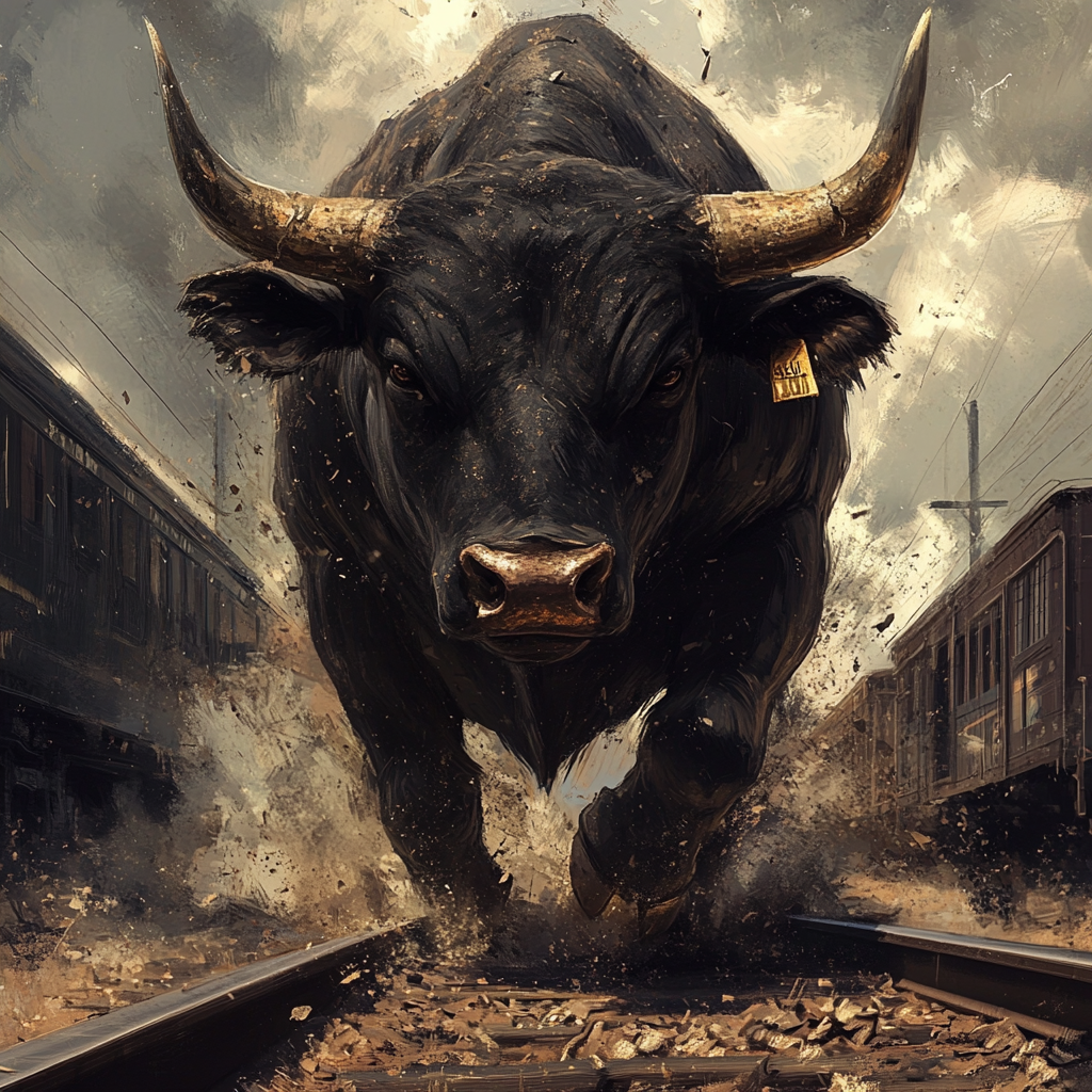 Unscathed black bull crushes train with strength.