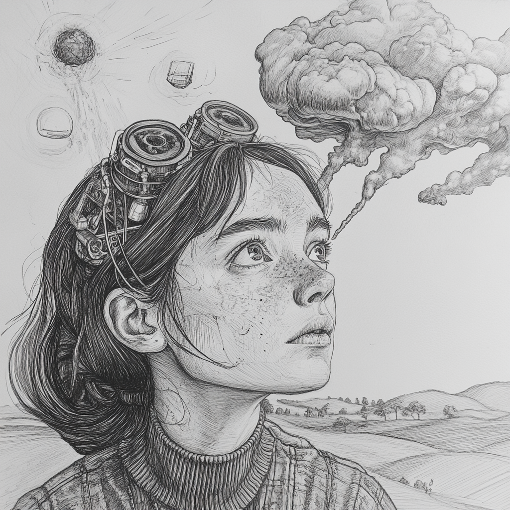 Unsettling girl with surreal thoughts in futuristic drawing.