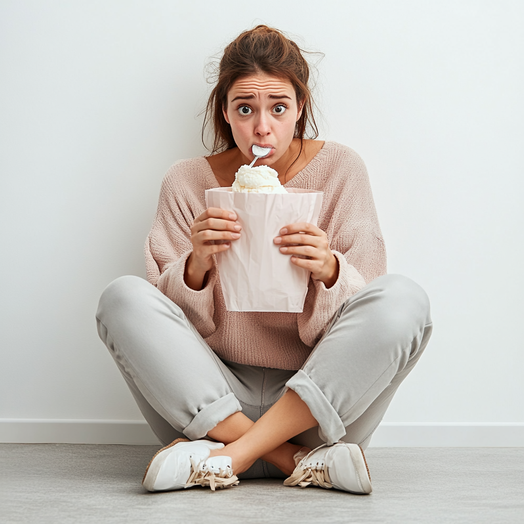 Upset woman eating ice cream quickly on floor.