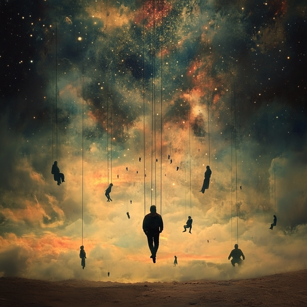 Upside-down human figures in starry sky, dreamlike state.