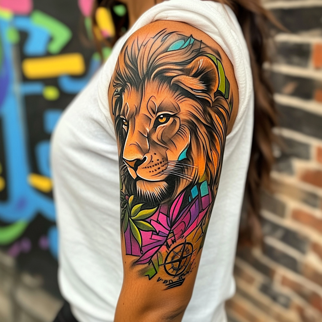 Urban Jungle: Lion Tattoo Symbolizing Courage and Strength