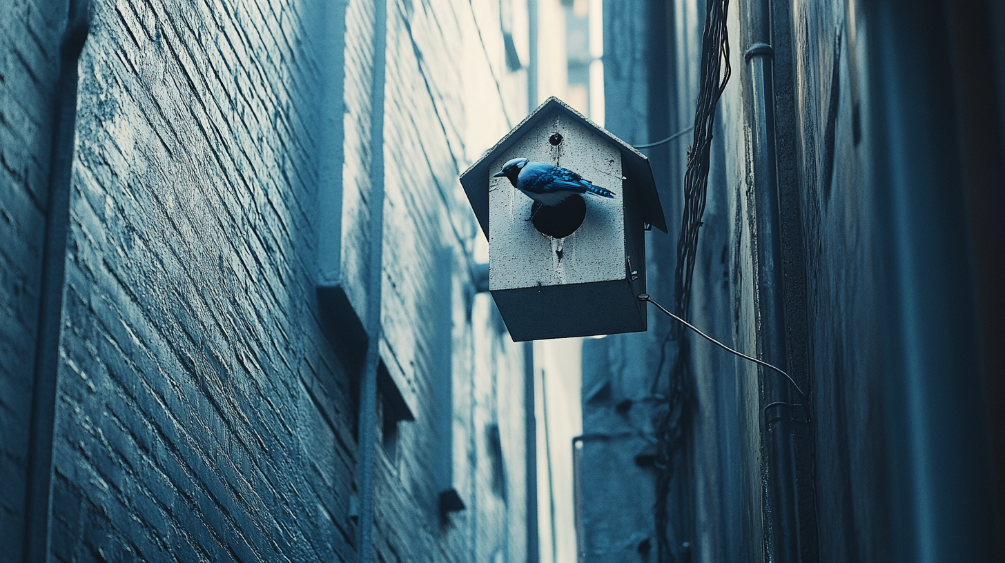 Urban alley birdhouse with Japanese metabolism architecture, blue jay, steel cables, fabric, Hasselblad lens