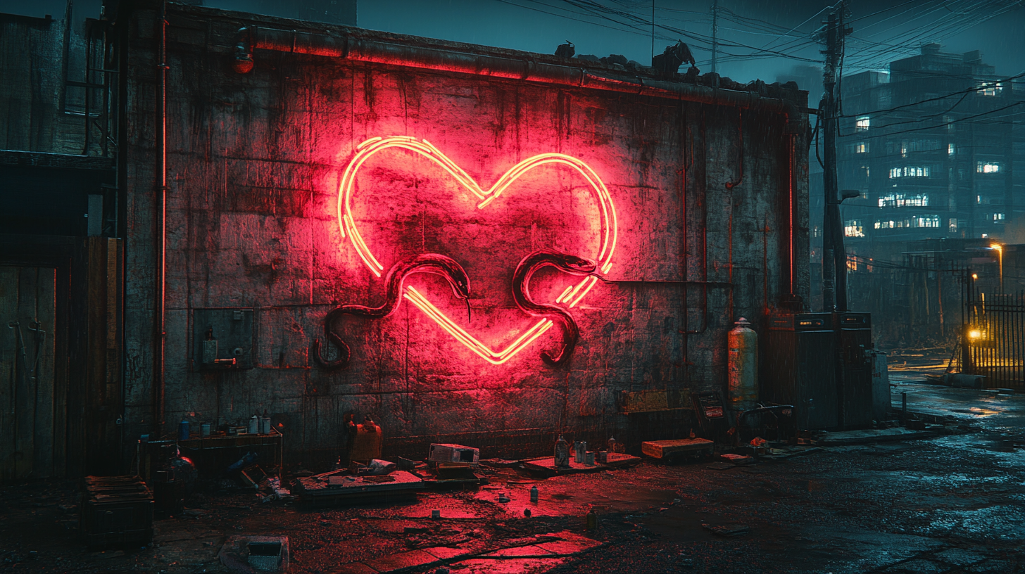 Urban concrete wall with neon lights, snake graffiti heart.