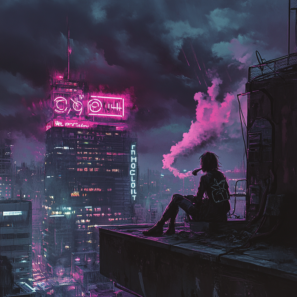 Urban rooftop scene with person smoking joint at night 