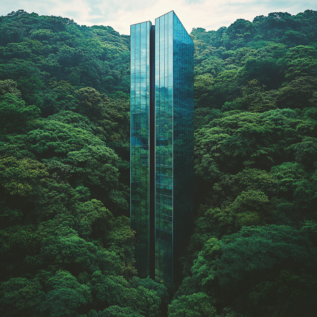 Urban skyscraper in forest with nature reflections.