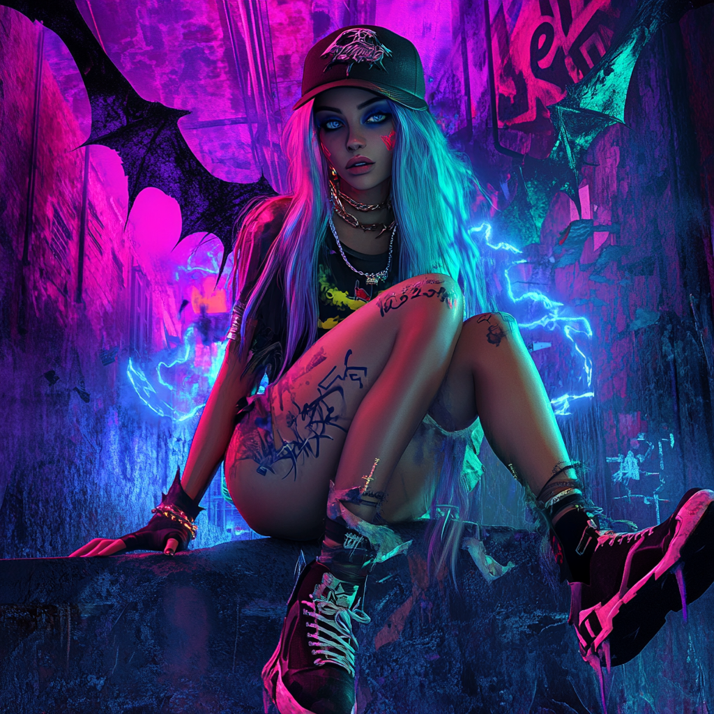 Urban sorceress in streetwear fashion with neon magic effects.