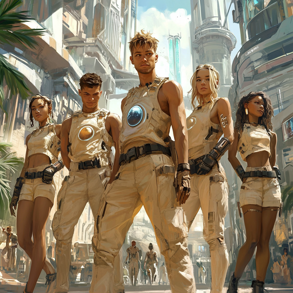 Urban tribe in cyberpunk world wears beige outfits.