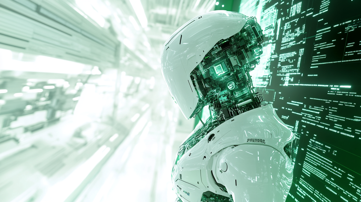 Use green and white for lively background image, 3D modeling used to depict AI robot.