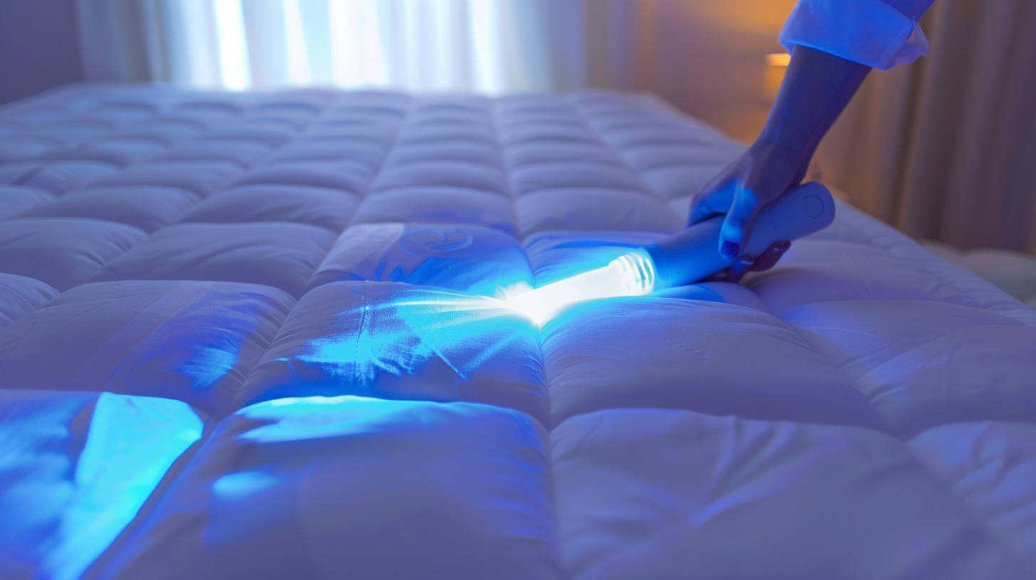 Using UV sterilizer to clean mattress in daylight.