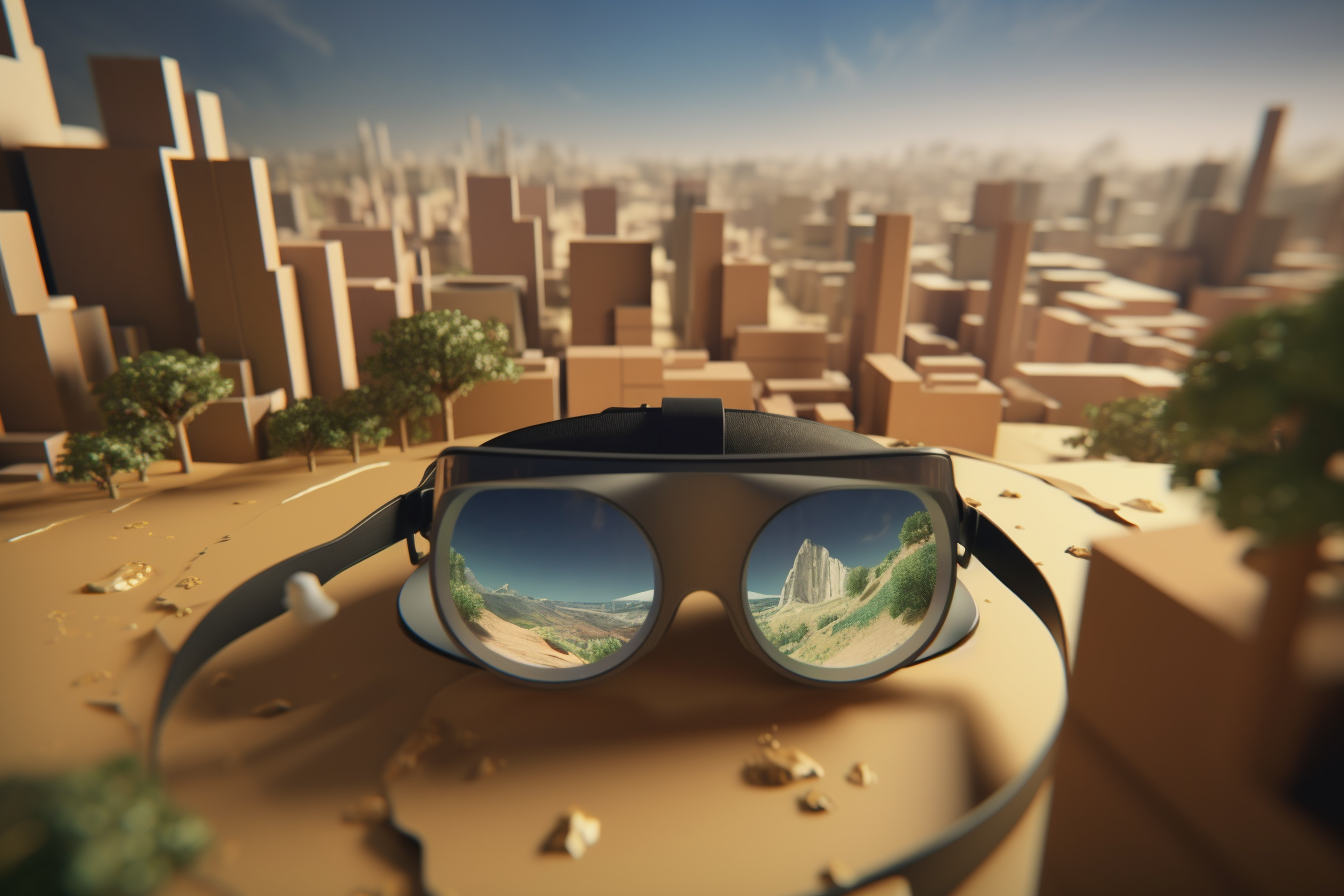 VR headset shows city, greenery, desert miniature landscape.