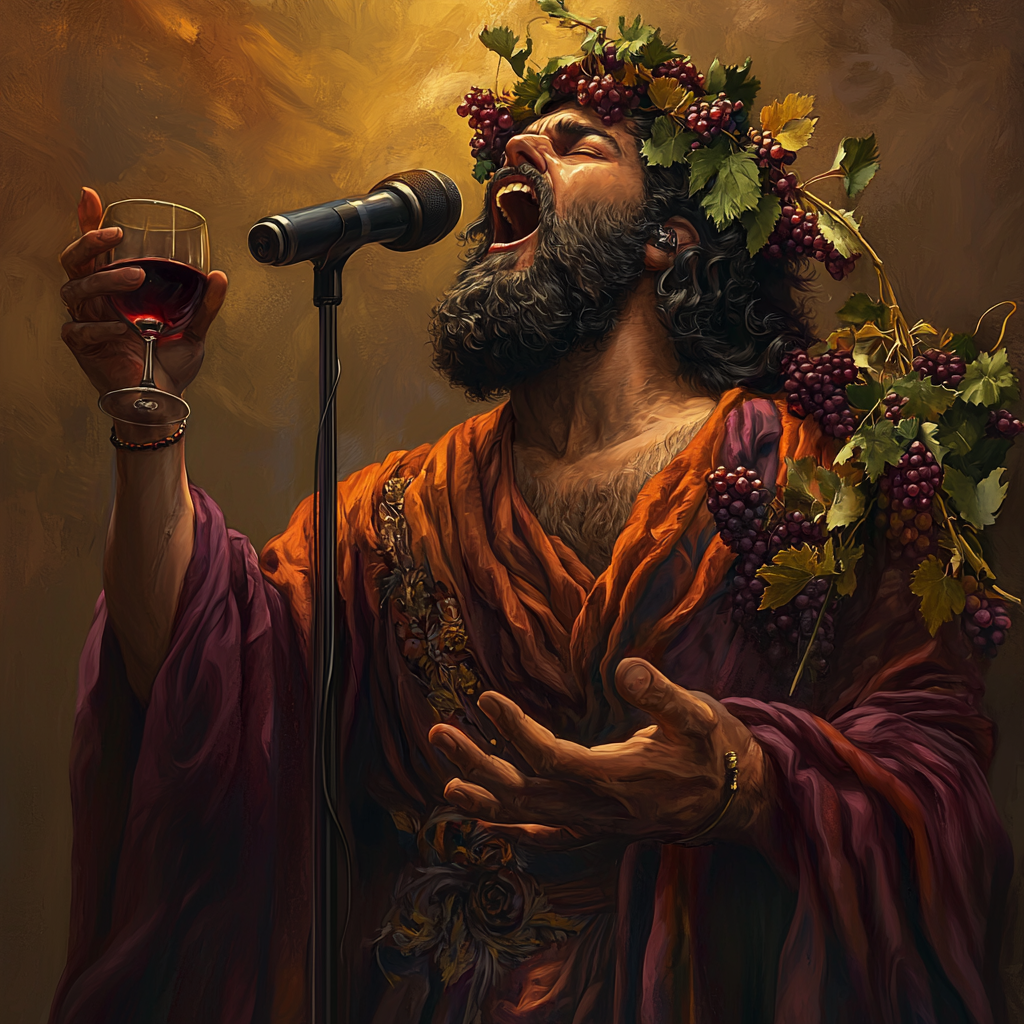 Vachus, God of Wine, Singing in Ancient Golden Cellar