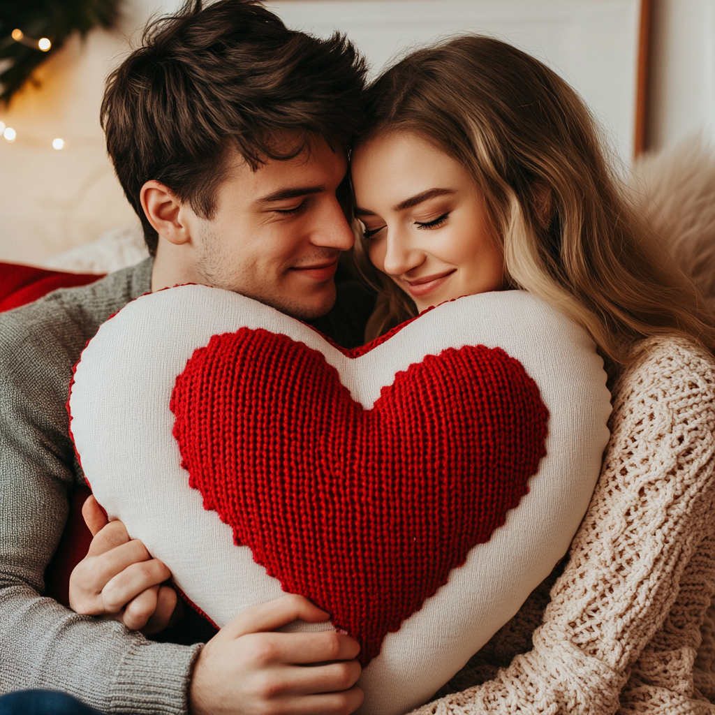 Valentine's Day couple received heart-shaped pillow gift.