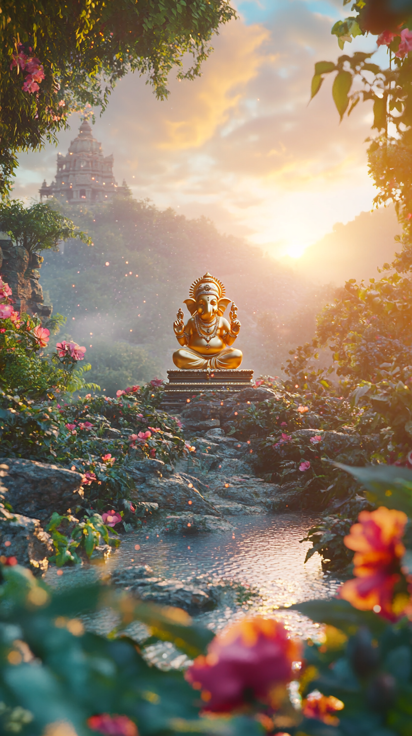 Valley with greenery, gold Ganesh idol, Hindu temple, sunrise.