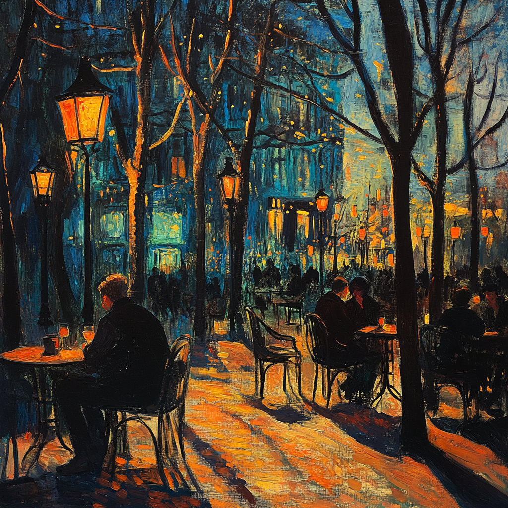 Van Gogh painting Paris scene with people drinking coffee.