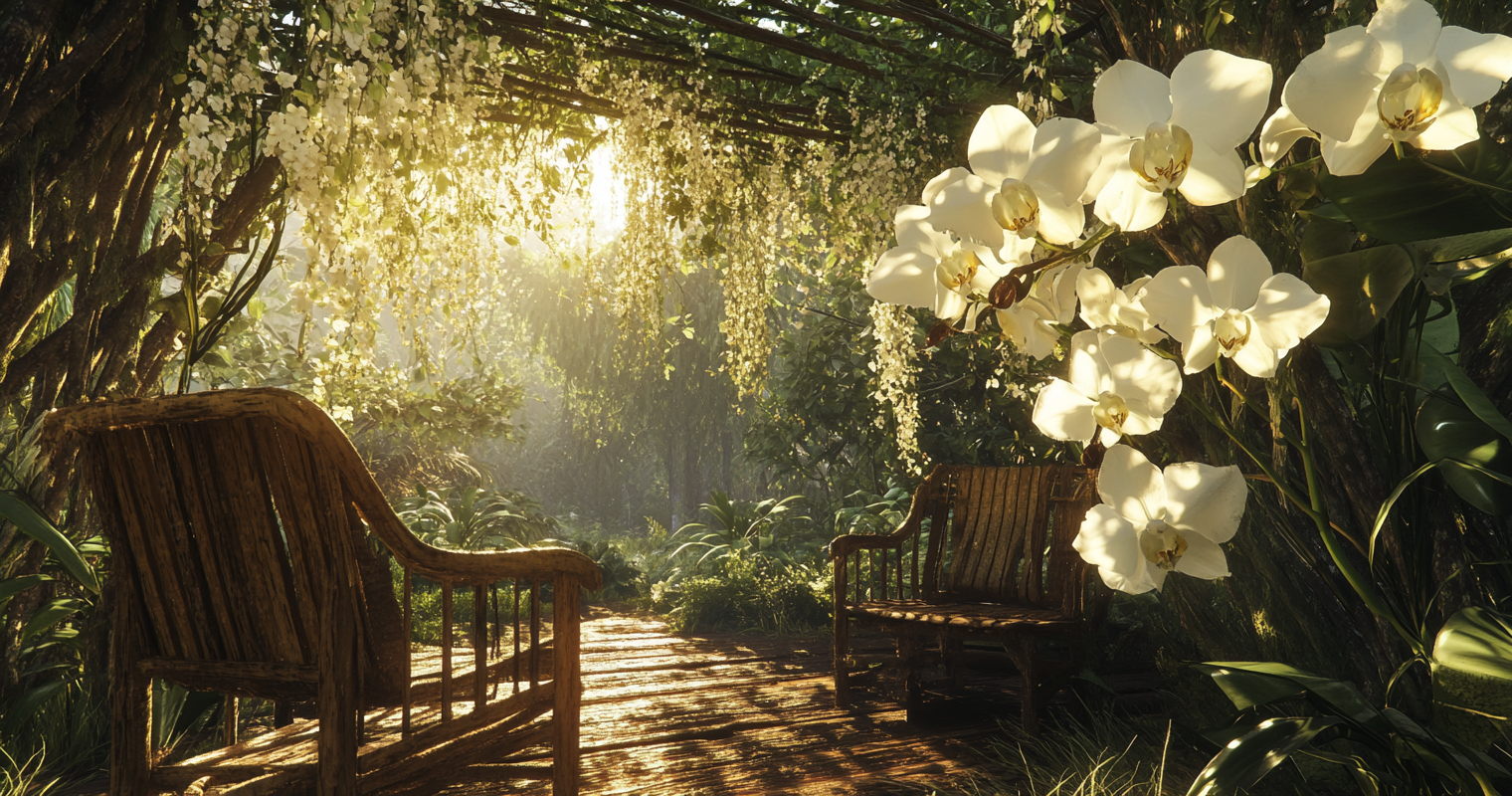 Vanilla orchids create canopy over garden furniture