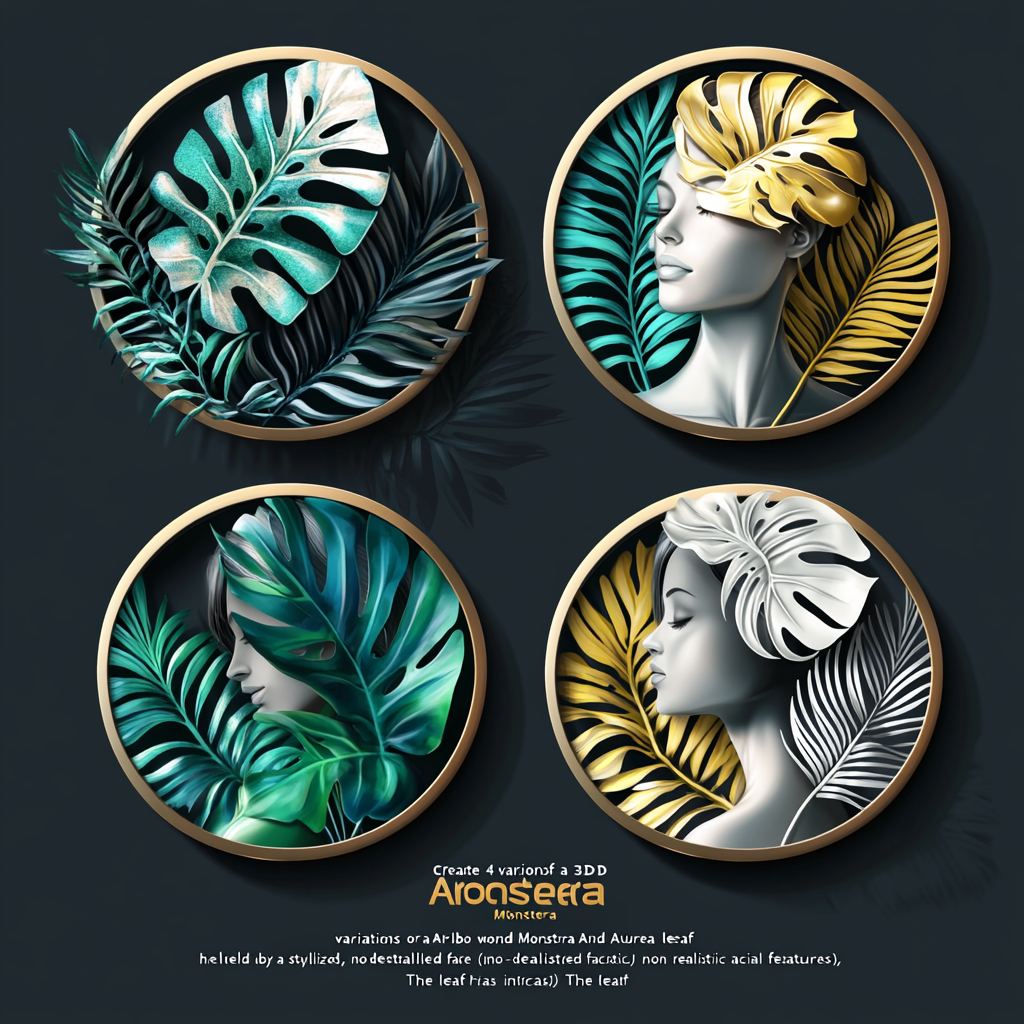 Variations of 3D Aroid Society logo with Monstera Albo and Aurea leaf and woman holding circle.