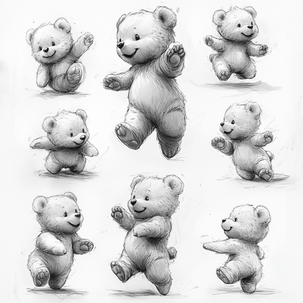 Variety of Teddy Bear Postures in Simple Line Drawings