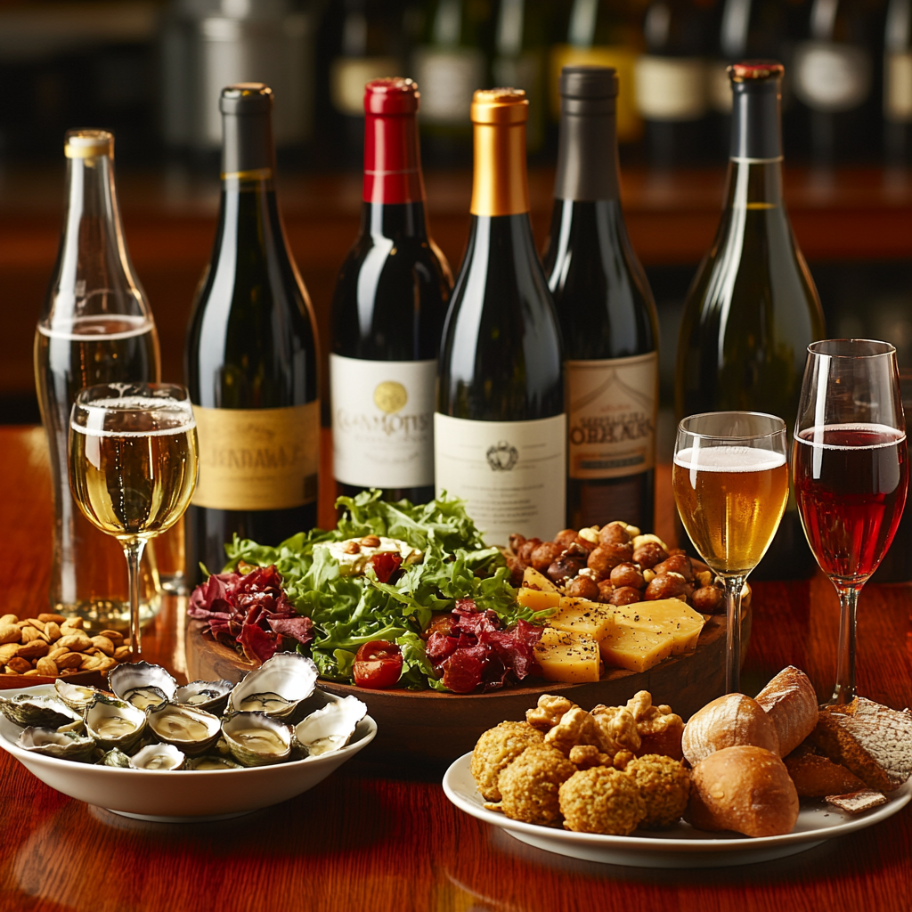 Variety of food and drinks on restaurant table.