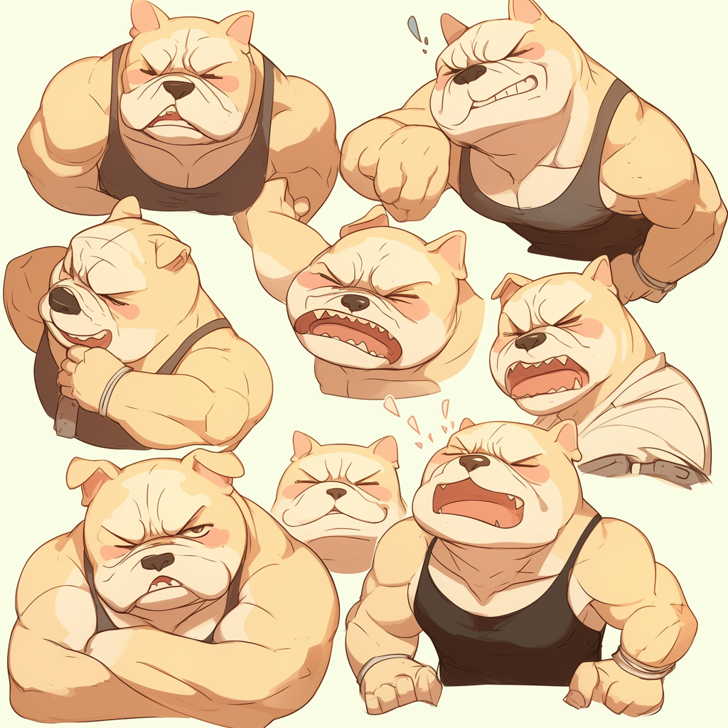 Various Bulldog drawings show feelings and actions