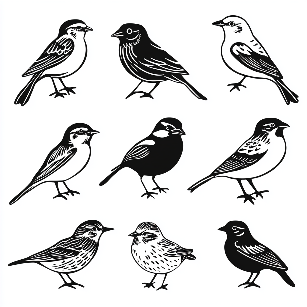 Various birds in black and white vector style image.