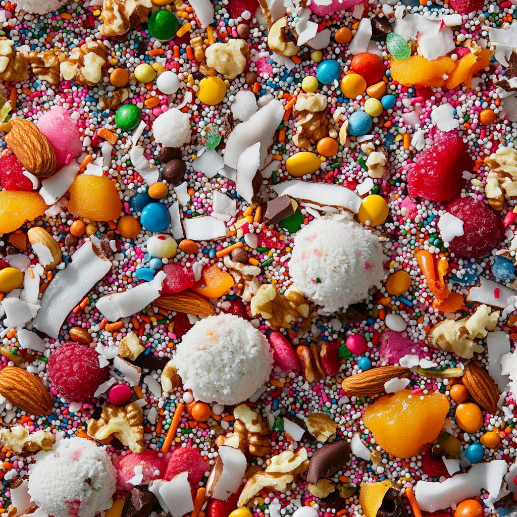 Various dry ice cream toppings displayed on table.