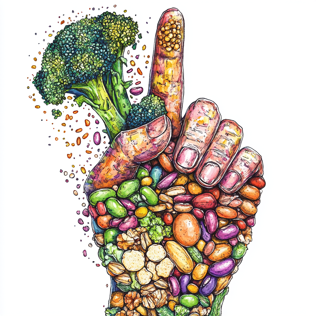 Various healthy foods arranged in hand gesture illustration.