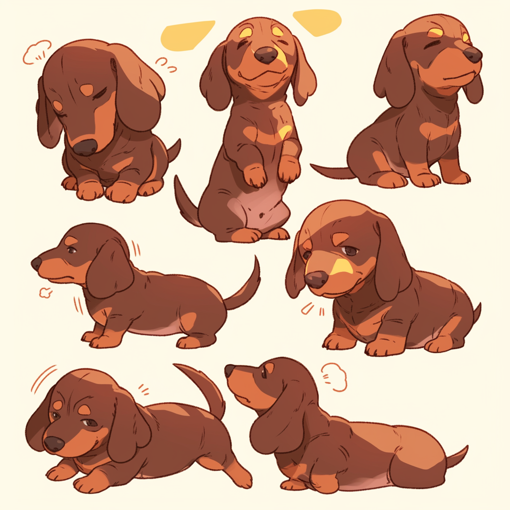 Various poses of a sad Dachshund