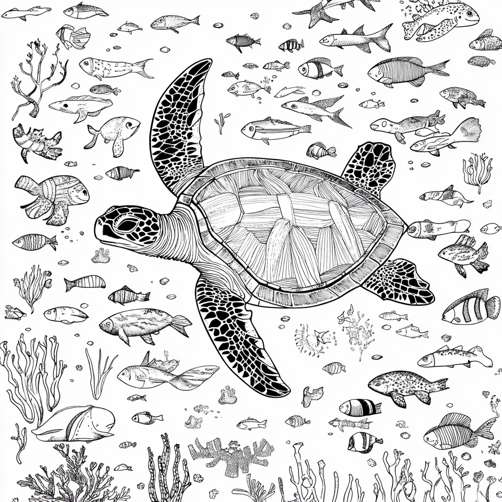 Various sea creatures in coloring design, black and white.