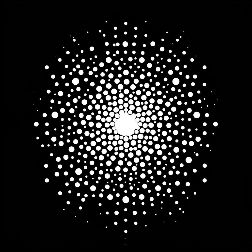 Various sizes of white dots on black background evenly spaced.