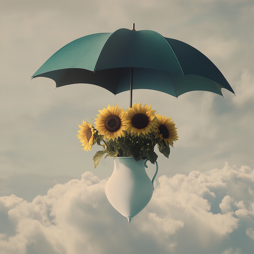 Vase with sunflowers and teal umbrella flying in sky.