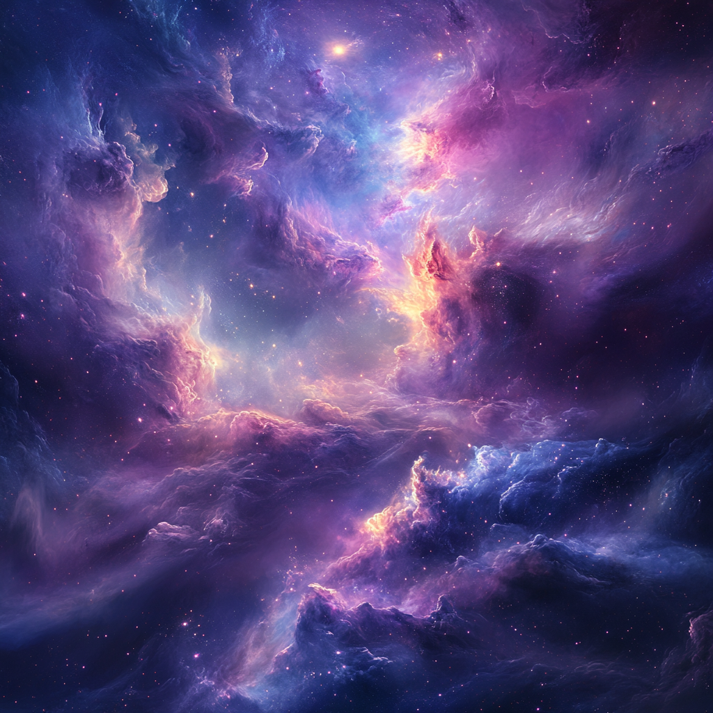 Vast, swirling cosmic clouds in vibrant shades, glowing stars.