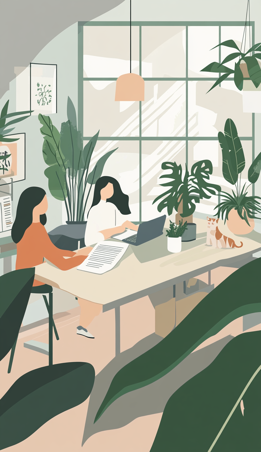 Vector Illustration: Energetic Newspaper Office with Women, Plants, and Cat