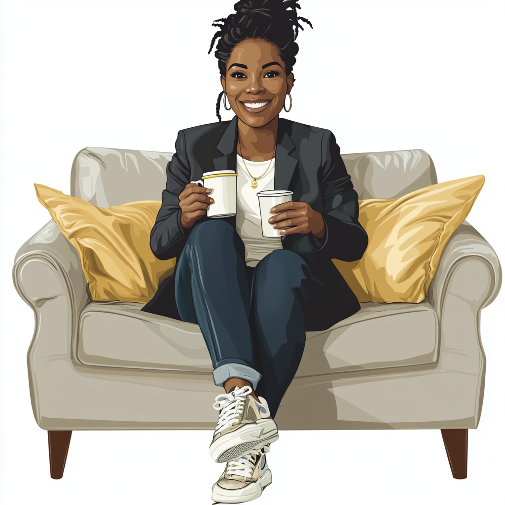 Vector art of black female politician sitting on couch.