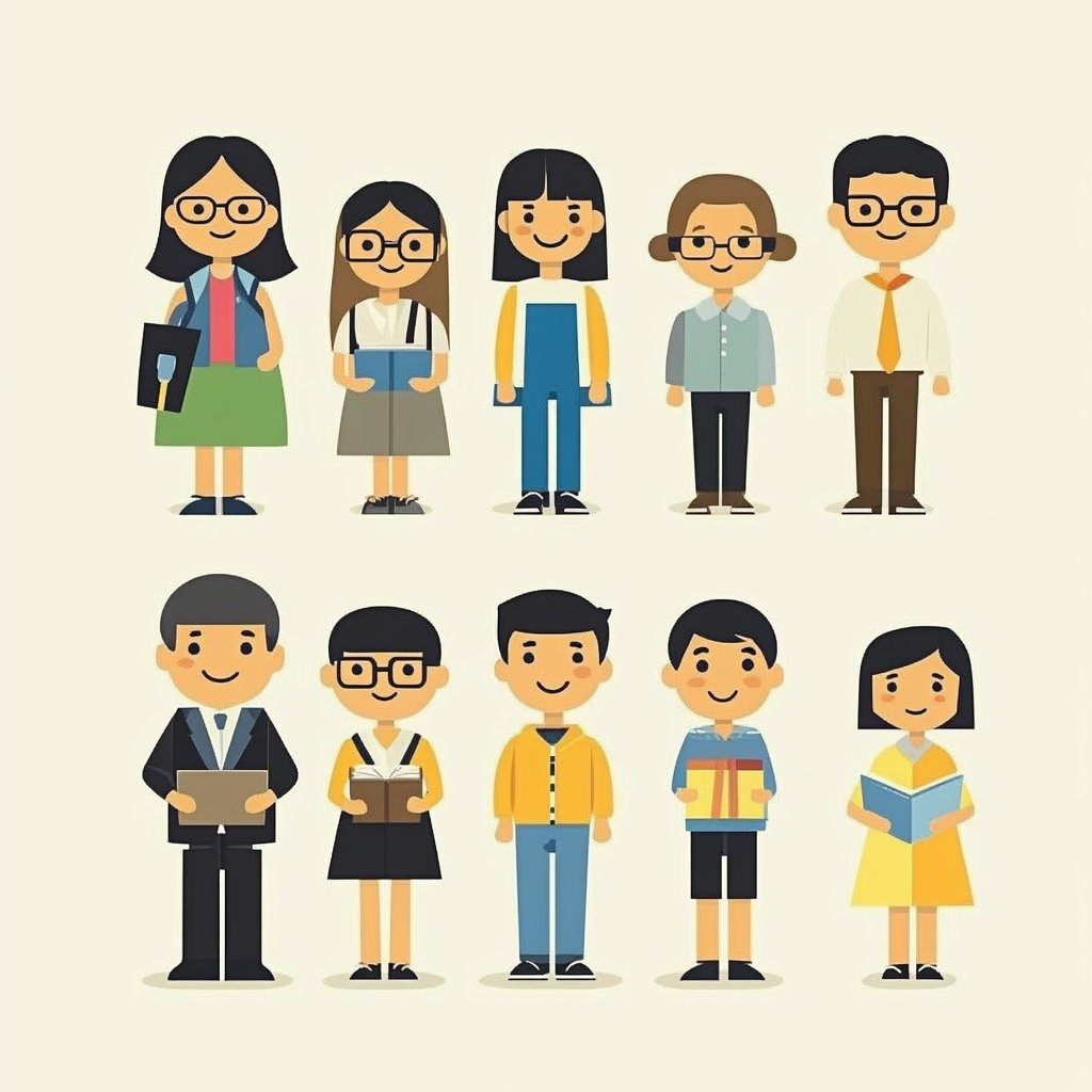 Vector character illustrations: minimalist, educational, diverse, clean lines.