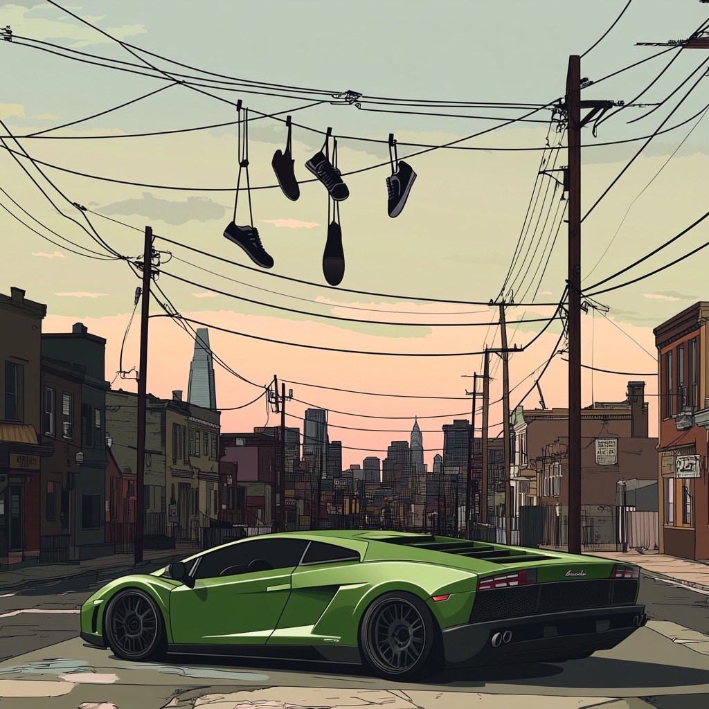 Vector design of green Lamborghini in Philadelphia with skyline view.